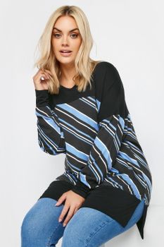 Yours Top Negro Con Rayas Diagonales Azules, Mujer Curvy Y Tallas Grandes, Yours