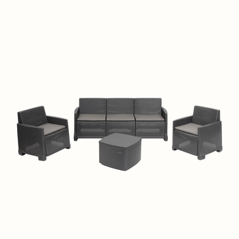 Conjunto De Jardín 2 Sillones + Sofá 3 Plazas + 5 Cojines + Mesa Auxiliar De Polipropileno Garda - Ipae Progarden. Antracita