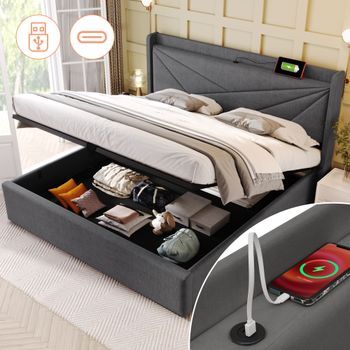 Cama Contenedor 160 X 200 Cm Con Cabecero - Usb + Tipo C - Tela De Lino - Gris