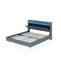 cama tapizada de 140x200 cm con puerto usb y luz led - piecera oculta - cama doble plana - gris