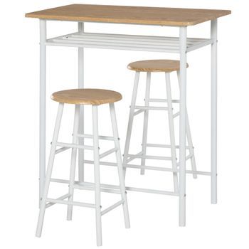 Conjunto De Mesa De Bar 3 Piezas, Mesa Alta Con 2 Taburetes, Estante, 80x50x90 Cm, Mdf Y Acero, Blanco Y Roble