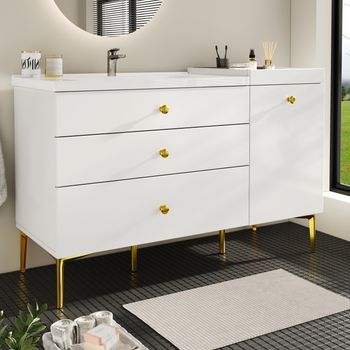 Mueble De Baño Con Lavabo - Mueble De Baño - Mdf Y Metal - Blanco Y Dorado (120x47.5x80cm)
