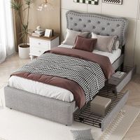 cama tapizada gris de 90 x 200 cm con dos cajones y cabecero regulable