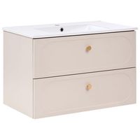 mueble de pared para bano con lavabo 2 cajones tiradores dorados mueble suspendido beige tarumir