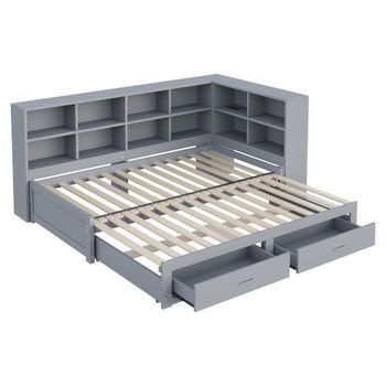 Cama Extensible Gris De 90 A 180 X 190 Cm Con Estantes, Usb Y 2 Cajones