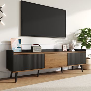 Mueble Para Tv - 3 Puertas Con Relieve A Rayas Y Bordes Elevados - Mdf Y Pb - Negro Y Natural (160x39x49,5cm)