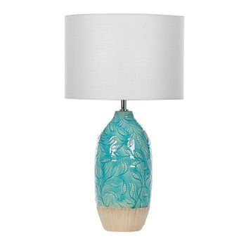 Lámpara De Mesa De Base De Cerámica Azul Turquesa Pantalla De Tela Blanco Boho Rústico Ataba