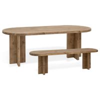 pack mesa comedor ovalada y banco de madera maciza envejecido 160x75cm