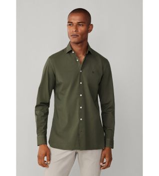Hackett London para hombre. HM3010540 Camisa popelín elástica fit tailored verde (M), Casual, Fiesta, Algodón, Clásico, Manga larga