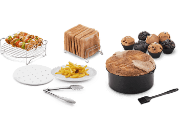 Accesorio freidora - Ufesa 72805519, Set de 7 piezas, Moldes, Pinzas, Bandeja, Papel vegetal, Pincel, Negro/Plata