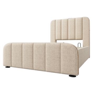 Cama Simple 90x200 Cm, Lino, Oro, Usb Tipo C, Hidráulica, Colchón Incluido, 406 Resortes, Metal, Beige