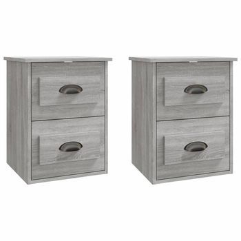 Pack 2 Uds Mesita De Noche | Mesa Auxiliar | Mesilla De Pared Gris Sonoma 41,5x36x53 Cm