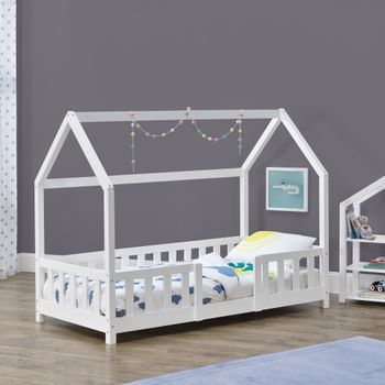 Cama Para Niños De Madera Pino - 70 X 140 Cm - Cama Infantil Con Reja Protectora - Forma De Casa - Casita - Blanco Mate Lacado [en.casa]®