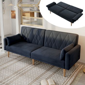 Sofá Cama De Dos Plazas - Mueble Para Salón - Terciopelo - Negro (180x75x82cm)