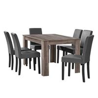 mesa de comedor  6 sillas forssa mdf y polipiel 140x90x77cm - roble antiguo  gris oscuro encasa