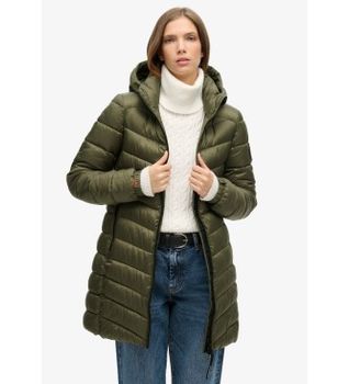 Superdry para mujer. W5011719A Abrigo acolchado medio con capucha Fuji verde (M), Casual, Poliéster
