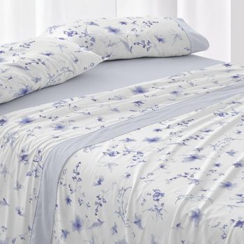 Juego De Sábanas 50% Algodón Floral Cama De 135 Cm - Azul - Burrito Blanco