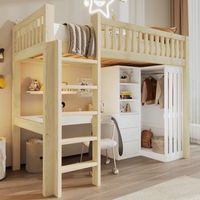 cama alta juvenil 90x200 cm con escritorio armario y cajones madera natural