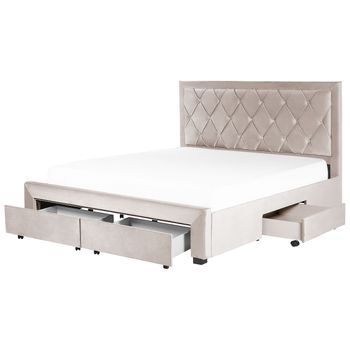 Cama Con Almacenaje De Terciopelo Beige 180 X 200 Cm Cajones Cabecero Alto Capitoné Glamuroso Lievin