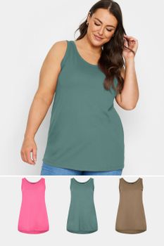 Yours Juego 3 Camisetas Sin Mangas: Rosa, Verde Mar Y Marrón, Mujer Curvy Y Tallas Grandes, Yours