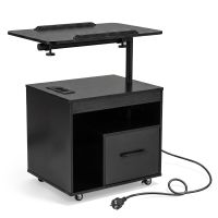 costway mesita de noche rodante negro con estacion de carga americana tira led mando rf tablero giratorio abatible cajon almacenaje para salon dormitorio 60 x