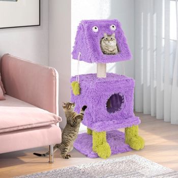 Linda Torre Para Gatos Temática Monstruos Condominios Felpa Larga Poste Rascador 48x48x111 Cm Púrpura