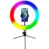 luz de anillo led rgb powerton 25 cm con tripode y soporte para telefono