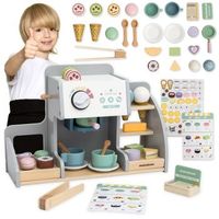 puesto de mercado de madera con nevera pizarra y accesorios juego educativo