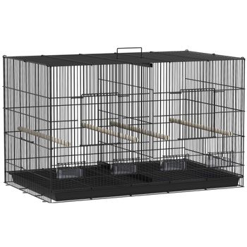 PawHut Jaula para Pájaros con Divisor 4 Comederos 4 Perchas Bandeja Extraíble para Loros Canarios Periquitos 94x57x57 cm Negro