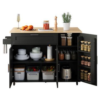 Isla De Cocina Móvil Con Encimera Plegable, Cajones Y Especiero, 132.5x70x90cm, Madera Imitación, Acabado Roble