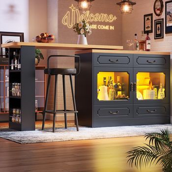 Mesa De Bar Giratoria 135→203x39x92,8 Cm, Led, Telescópica, Isla De Cocina, Negra, 360°