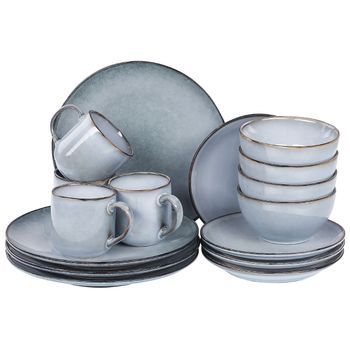 Conjunto De 16 Piezas De Gres Azul Claro Marrón 4 Personas A Mano Esmalte Juniper