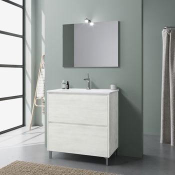 Mueble De Baño De 80cm Con 2 Cajones Blanco Efecto Madera, Lavabo De Cerámica Y Espejo 80x60 | Laguna