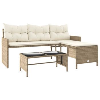 Sofá De Jardín | Sofá De Exterio En Forma De L Con Mesa Y Cojines Ratán Pe Beige