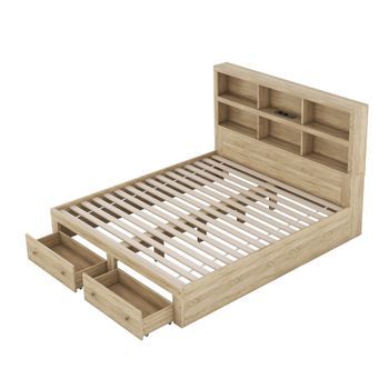 Cama Doble 160*200cm, Madera Maciza, Cabecero Con Almacenaje, Madera