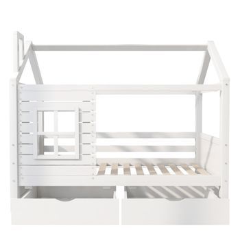 Cama Infantil Casita Blanca 90 X 200 Cm De Pino Con Ventana Y 2 Cajones