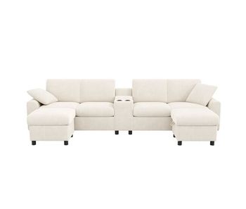 Sofá u-forma 315x81x135 cm - 2 puffos con almacenamiento, mesa, 2 portavasos, usb, enchufes - beige
