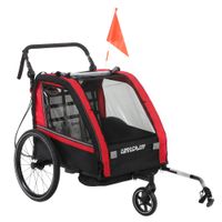 aiyaplay remolque de bicicleta infantil 2 en 1 cochecito para bicicleta 2 plazas manillar ajustable freno de mano cinturon de seguridad rojo