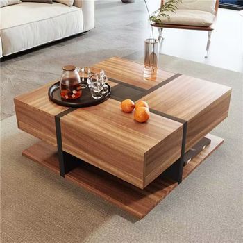 Mesa De Centro Cuadrada Con 4 Cajones, Estante Inferior Y Diseño De Líneas