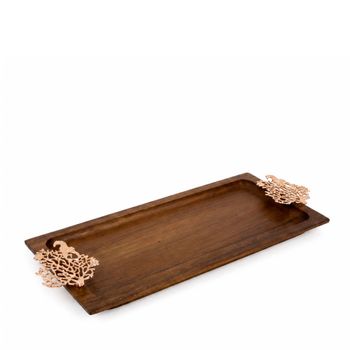 Bandeja de madera con decoración coral rosado dorado 42x13x3cm