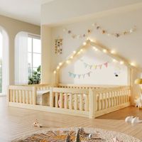 cama infantil tipo casita 140x200 cm con barrera de seguridad y luces led