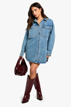 Vestido Camisero Petite Oversize Vaquero Con Tachuelas, Azul