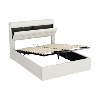 Cama Tapizada Hidráulica 140x200 Con Almacenamiento Oculto En El Cabecero Con Somier De Láminas Y Cabecero, Blanco