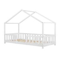 cama para ninos de madera pino - 80 x 160 cm - cama infantil con reja protectora - casita - forma de casa - blanco mate lacado encasa