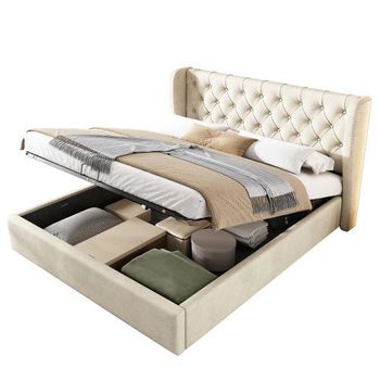 Cama de matrimonio de terciopelo 160x200cm con almacenaje,beige