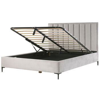 Cama En Terciopelo Gris 180 X 200 Cm Con Almacenamiento Cabecero Acolchado Patas De Metal Negro Sezanne