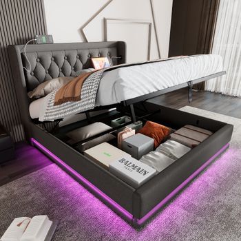 Cama Doble Gris 140x200 Cm Con Almacenamiento Hidráulico Y Luces Led