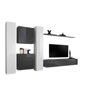 Conjunto De Muebles De Salón Mural Switch Vi Diseño, Colores Gris Y Blanco Brillante.