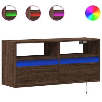 Mueble De Tv | Mueble De Salón | Gabinete De Tv De Pared Con Luces Led Marrón Roble 100x31x45 Cm