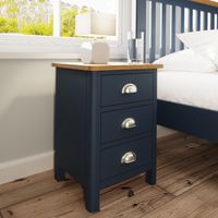 fay oak and blue 3 drawer bedside table
